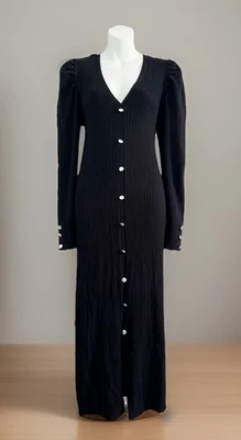 NWT~EXPRESS Sweater Dress Sz L Black Ribbed Button-Down Long Sleeve V-Neck - Image 1 of 4