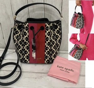 NWOT KATE SPADE Spade Flower Jacquard Sinch Med Bucket Bag Cream Crossbody $328 - Picture 1 of 20