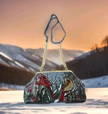 NUEVO SIN ETIQUETAS Bolso de Hombro Anuschka Pintado a Mano Marco con Bloqueo de Beso Precioso Cardenales Cuero Foto 1 de 4