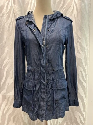 Love Tree Chambray Drawstring Waist Pockets Hoodie Utility Jacket Size S - Image 1 of 4