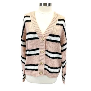 NEW All In Favor Womens L This Love Cardigan Sweater Chunky Striped Pink Black - Picture 1 of 10