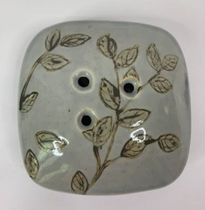 Studio Pottery Pillow Flower Frog Ikebana Vase Blue Gray Leaf Pattern 3 Hole - Picture 1 of 6