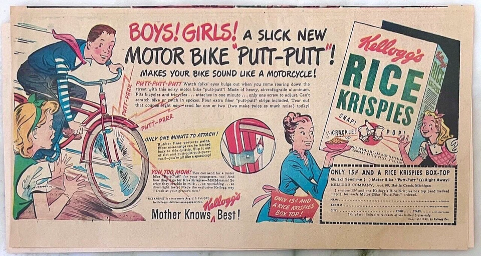 Anúncio de jornal 1948 para Kellogg's Rice Krispies - Motocicleta Putt-Putt para bicicletas - Imagem 1 de 1