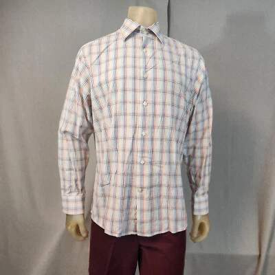 Camisa de Vestir Estructura Blanca con Azul Jacquard Rayas Top GRANDE Algodón Abotonada LS Foto 1 de 4