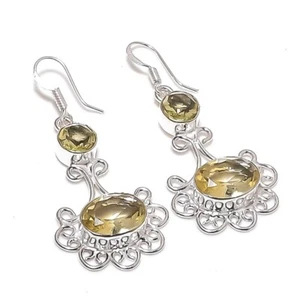 Lemon Quartz Gemstone Handmade 925 Sterling Silver Jewelry Earring Size 1.9" - Picture 1 of 1
