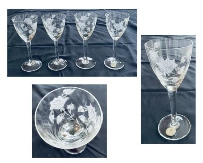 VINTAGE Etched Cordials 2 oz.  Cut Leaves Flowers Clear  4-Piece Set - Image 1 of 4