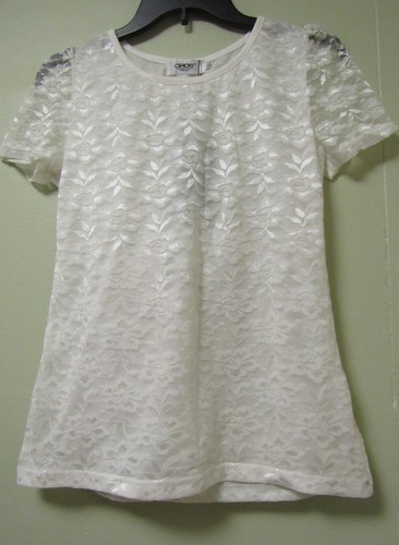 OFF WHITE Blusa top bianco sporco manica corta scollo a scoop pizzo taglia XS