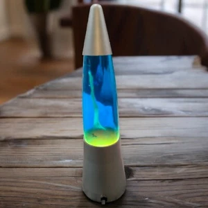 Lava Lamp 15" Silver Base Yellow Wax And Blue Liquid Vintage Tested Works - Picture 1 of 7