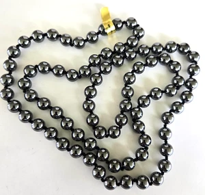 Vintage Magnetic Hematite Round 5/16" Bead Claspless Knotted Necklace 31" w/Tag - Picture 1 of 7
