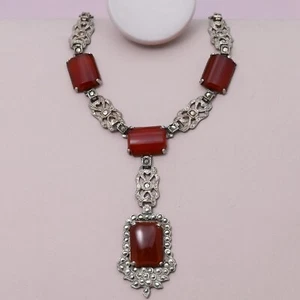 Vtg Art Deco Natural Carnelian Sterling Silver Marcasite Pendant Necklace - Picture 1 of 7