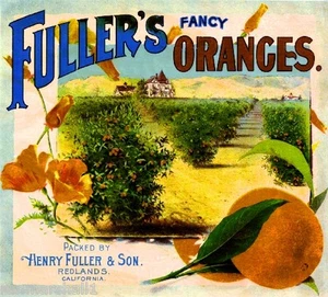 Redlands San Bernardino Fuller's Fancy #1 Orange Citrus Fruit Crate Label Print - Bild 1 von 1