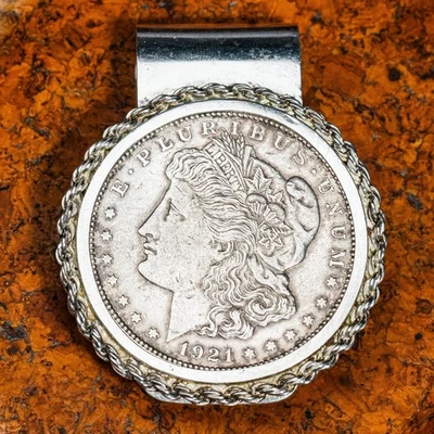 Heritage Vintage Sterling Silver Rope Border Money Clip 1921 Morgan Dollar Coin - Image 1 of 4