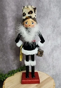 Shopper Lady Girl Nutcracker Black Dress Fur Hat Wood Shopping Christmas 14" NEW - Picture 1 of 9