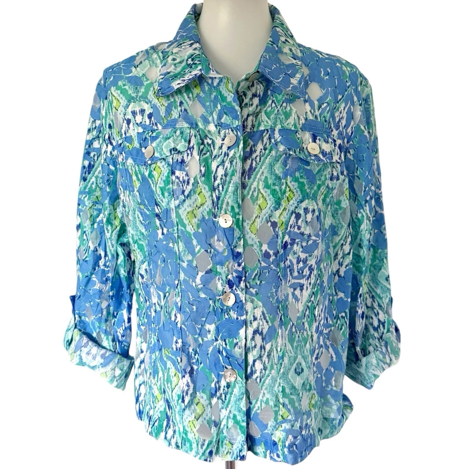 Ruby Rd Button Front Linen Blend Semi Sheer Roll Tab Sleeve Jacket Top Shirt 18 - Image 1 of 4