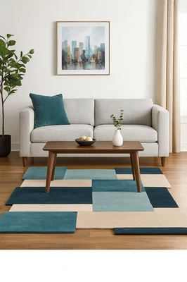 Wool Blue & Beige Handmade Hand Tufted Carpet Area Rug for Living Room Bedroom - Image 1 of 4