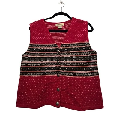 Vtg Eddie Bauer Women Nordic Vest MED Wool Red Academia Preppy Fair Isle Grandma - Image 1 of 4