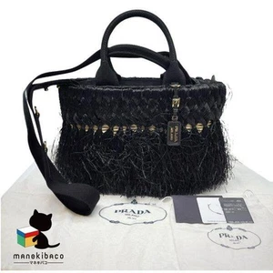 Prada Black Canapa 2Way Handbag Raffia Canvas Natural Gold Hardware 1Bg089 Brand - Picture 1 of 11