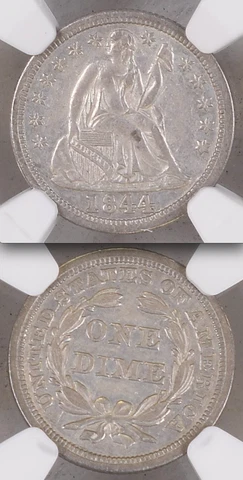 1844 NGC AU55 $3,500-CU Rare in AU! Nearly Unc! LEGENDARY KEY Seated Dime 10C Cover