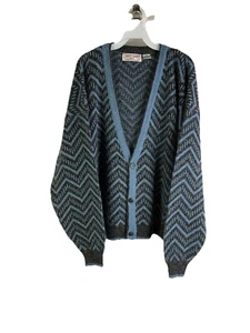 Vintage 80s Mens XL Geometric Knit Baggy Cardigan Dad Sweater Streetwear - Picture 1 of 9