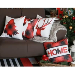 Christmas Winter Throw Pillow Covers 4PC Set Square 18X18 White Red Black Plaid - Picture 1 of 12