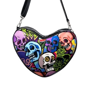 US HANDMADE HEARTSHAPE CROSSBODY Bag Style with "NEON SKULLS" Pattern - Bild 1 von 4