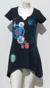 DESIGUAL Jenny Navy Embellished Curved Hem Long Tee Shirt Tunika Top Gr. US XS S - Bild 1 von 5