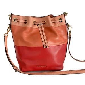 Michael Kors Dottie Bucket Bag Large Leather Purse Color Block Pink Peach Red - Picture 1 of 18