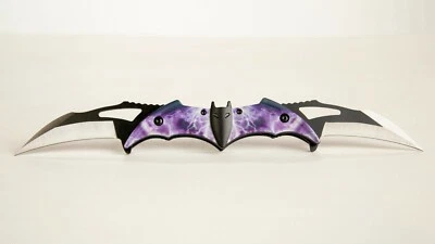 Batman Spring Assist Folding Karambit 12+" Overall Dual 3" Blades Purple, Solid! - Image 1 of 4