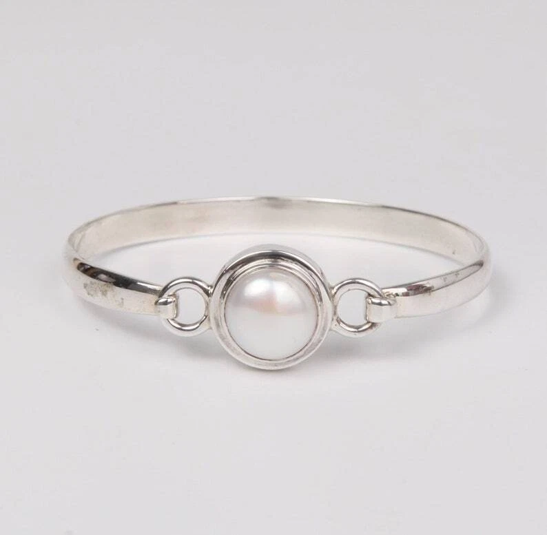 Brazalete brazalete de plata 925 con piedras preciosas de perlas de buen aspecto hecho a mano para mujer joyería #019 Foto 1 de 3