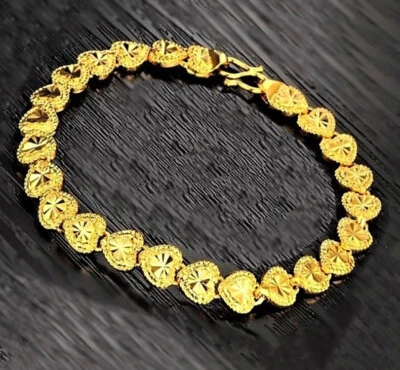 Brazalete de cadena de corazón vinculado relleno de oro de 24k para mujer pequeño 7" talla D149 Foto 1 de 4