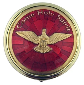 Red Enamel Gold Tone Come Holy Spirit Pyx 2 1/4 Inch Communion Host Container - Picture 1 of 1