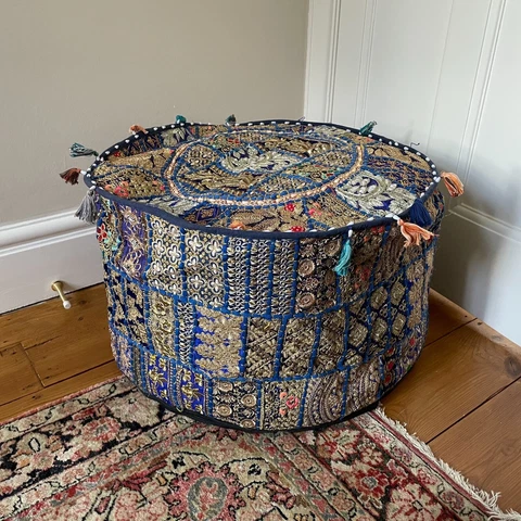 Indian Handmade Embroidered Pouffe Stool Floor Cushion Bohemian Boho Patchwork Cover