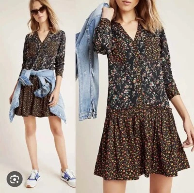 ANTHROPOLOGIE Maeve Womens Dress Black Floral Ruffle Button Up EUC Sz 0 - Image 1 of 4