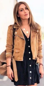 ZARA CAMEL FAUX SUEDE BIKER JACKET WITH FRINGING & STUDS SIZE XS - Picture 1 of 15