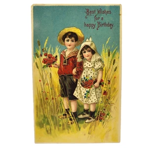 Postal de flores de campo de trigo victoriano de feliz cumpleaños de los mejores deseos de 1900 - Imagen 1 de 7