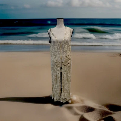 NUEVO CON ETIQUETAS Cliche Couture Crema Crochet Encaje Maxi Plumero Chaleco M/L Boho Largo Superposición Foto 1 de 4