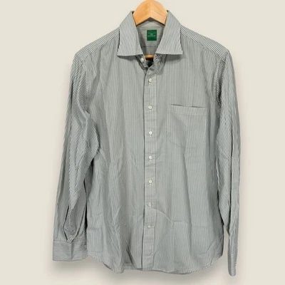 Sid Mashburn 正装衬衫男式大号绿色白色条纹 100% 棉纽扣 * 阅读 — 第 1/4 张图片