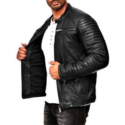 Men's Cafe Racer Style Motorcycle Biker Genuine Sheepskin Soft Leather Jacket - Image 1 of 4