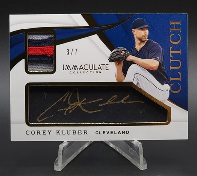 Corey Kluber 2019 Panini Immaculate CLUTCH 3/7 Game-Used Patch Auto - Image 1 of 3
