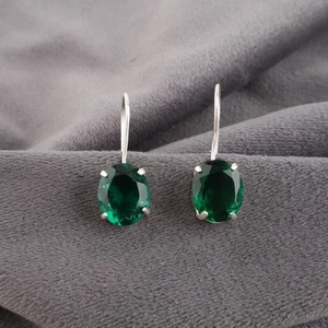 2Ct Oval Lab Created Green Emerald Hook Dangle Earrings 14K White Gold Plated - Picture 1 of 7