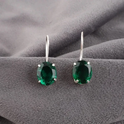 2Ct Oval Lab Created Green Emerald Hook Dangle Earrings 14K White Gold Plated - Image 1 of 4