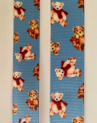 Classic teddy bears red ribbon bow on blue grosgrain ribbon BTY 5/8" 7/8" - Image 1 of 2