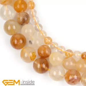 Natural Gemstone Yellow Rutilated Quartz Round Loose Beads Jewelry Making15" AU - Foto 1 di 30