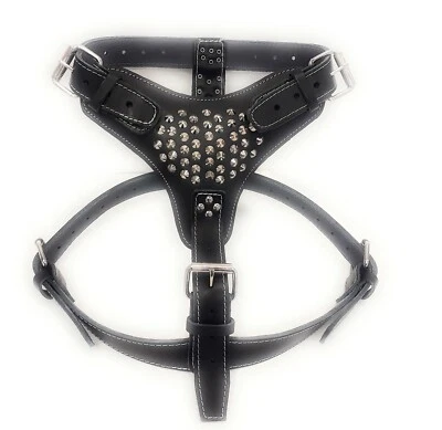 M&D LEATHER Extra Large Heavy Duty Black Leather Dog Harness with Unique Studded Design