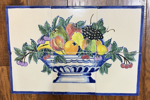 Vintage Signed Hand Painted 6 Tile Mural Fruit In Footed Bowl Portugal 12 X 24"