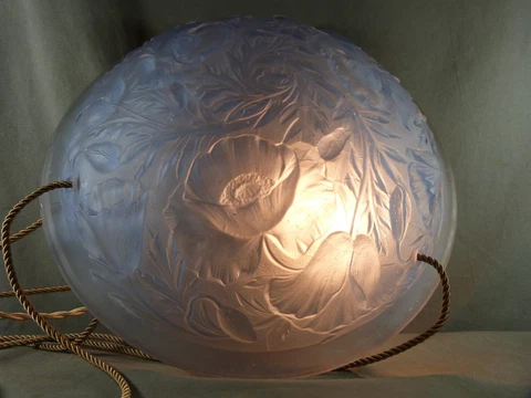 French Art deco frosted glass purple poppy flowers ceiling light suspension Ø14" Cover