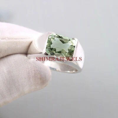 Natural Green Amethyst Gemstone With 14K White Gold Plated Silver Men's Ring #16 - Image 1 of 4