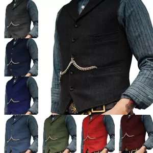 Mens Vintage Vest Western Cowboy Tweed Wool Herringbone Vests M Large XL XXL 3XL - Picture 1 of 18