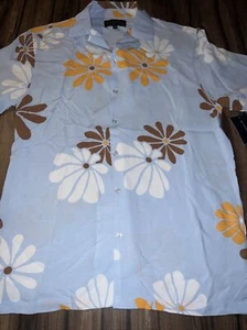 Mens/Boys Shirt HAWAIIAN Blue Brown Plumeria Floral Button Up Collar Rayon small - Picture 1 of 11
