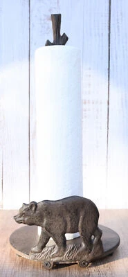 Rustic Cast Iron Western Forest Black Bear Strolling Paper Towel Holder Stand - Image 1 of 4